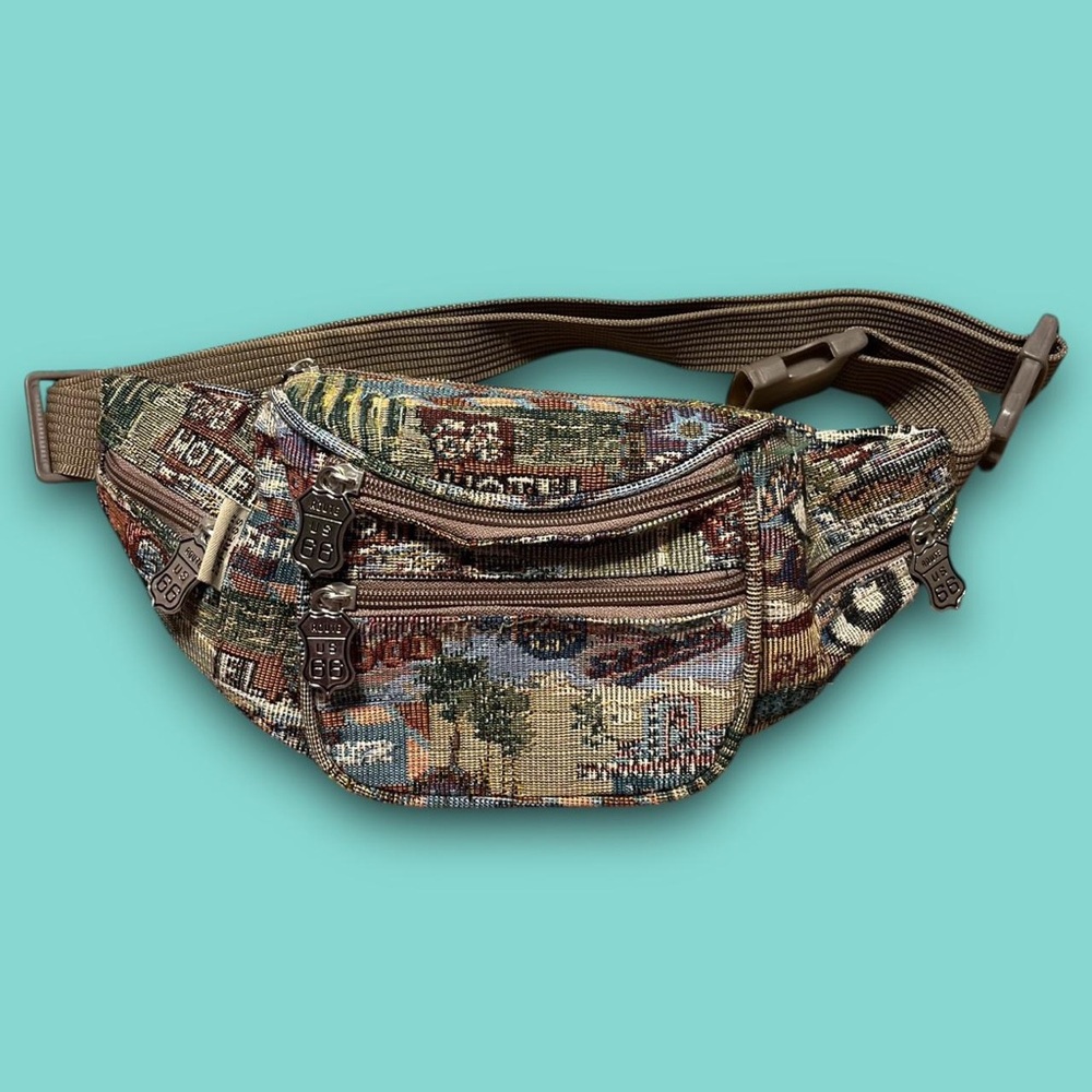 Vintage Route 66 Tapestry Belt Bag Fanny Pack 90s Travel Granola Boho